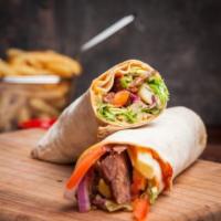 Gyro Doner Wrap · Thinly-sliced ground lamb and beef with lettuce, onions, tomatoes. Served with potato wedges...
