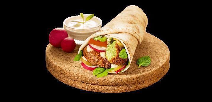 Falafel Wrap · Lettuce, onions, tomatoes, served with potato wedges, white sauce or tahini sauce on the side.
