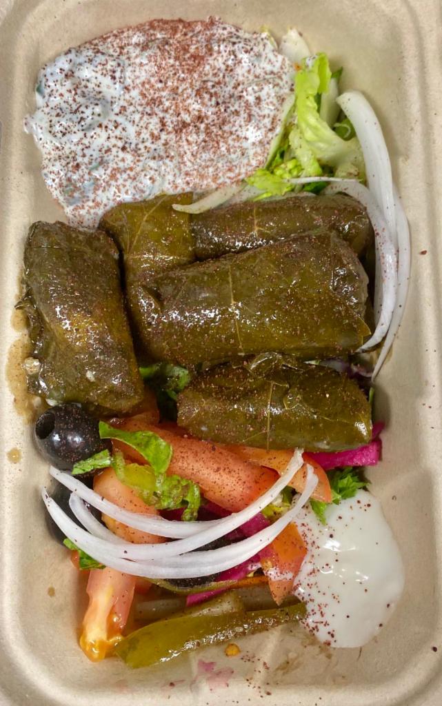 10. Dolmas  · Stuffed grape leaves with rice and spices. Served with house salad and taztiki sauce.