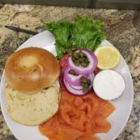 Bagel and Lox · Fresh New York Bagels, nova salmon, cream cheese, capers, tomato, red onion, lettuce. Served...