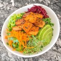 Sesame Salmon Salad · Mixed greens, kale, wild rice, pickled beets and carrots, avocado, edamame, sesame soy dress...