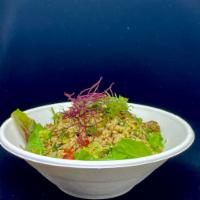 Quinoa Salad · Quinoa, kale, mushrooms, edamame, avocado, nikkei vinaigrette.