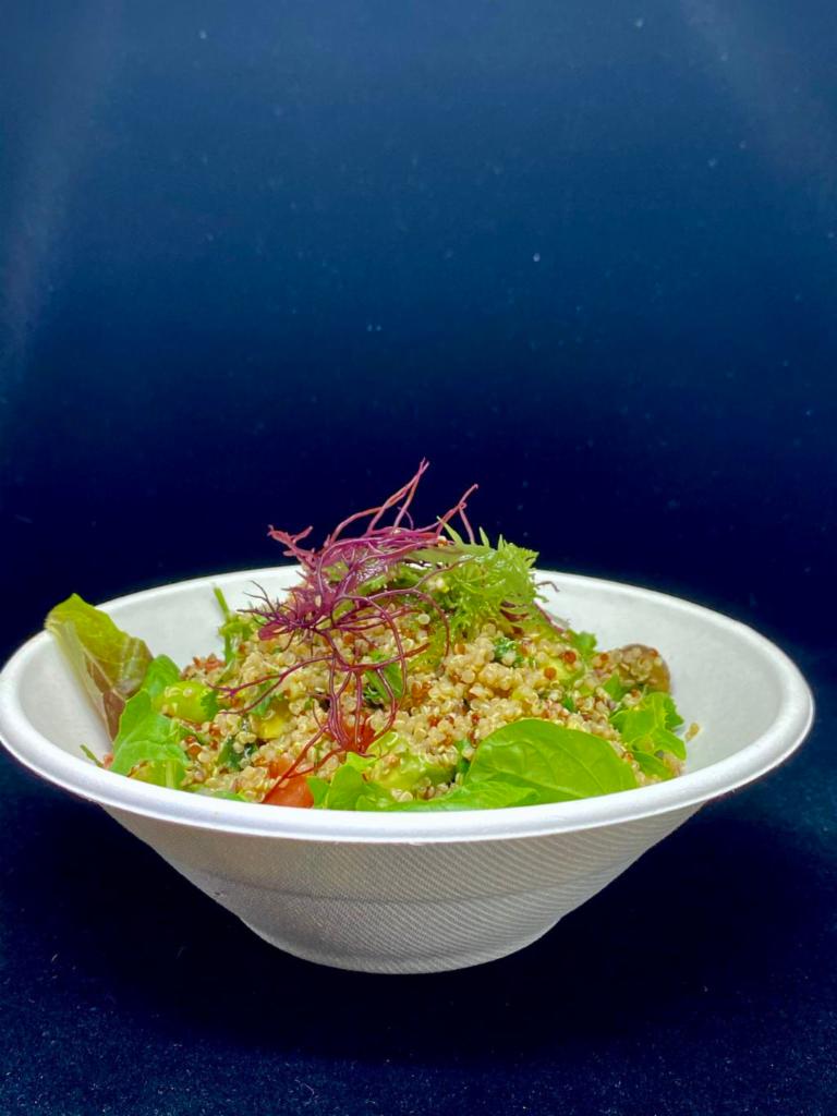 Quinoa Salad · Quinoa, kale, mushrooms, edamame, avocado, nikkei vinaigrette.