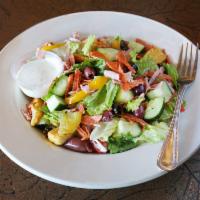 Chef Salad · Mixed green crisp lettuce, tomato, cucumbers, black olives, mixed peppers, cheddar cheese, s...