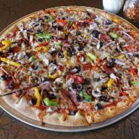 King-Deluxe Pizza · Pepperoni, beef, sausage, Canadian bacon, fresh mushrooms, black olives and onions with mixe...