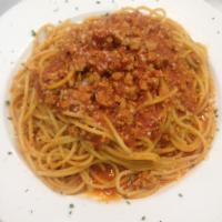 Spaghetti Bologenese · Housemade turkey ragu meat sauce on bed of spaghetti
