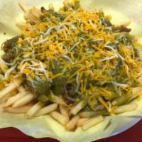 Chile Verde Fries with Cheese · fries topped with carnitas and spicy green sauce and cheese