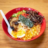 Angry Zuko Ramen Noodles · Spicy creamy pork broth, roasted pork, wheat noodles, sweet corn, black mushroom, bamboo sho...