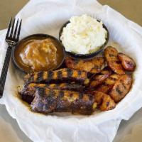 Rib and Meat Special · 3 pork ribs and 1/4 lb. of your choice of meat, 2 sides and a bun.