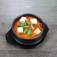 Kimchi-jjigae · Kimchi stew w/ tofu, green onions, and pork belly