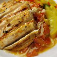 Chicken Pomodoro Pasta · Grilled sliced chicken, fresh roma tomatoes, garlic, basil, served over angel hair pasta, to...