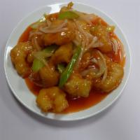 Szechuan Shrimp · Fried shrimp, celery & onions sauteed in Szechuan sauce. Spicy.