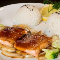 Salmon Teriyaki · Served with soup, house salad, vegetables, and steamed rice.