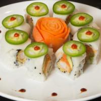 Kiss of Fire Roll · Spicy tuna, shrimp tempura inside topped with white tuna, jalapeno and sriracha. Spicy.