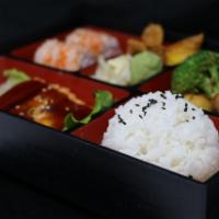 Teriyaki Salmon Bento Box Lunch · Served with soup or house special salad and steamed rice.