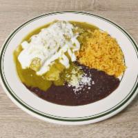 Enchilada · Comes with green sauce, mole or ranch sauce, grinded cheese, cream and onions.