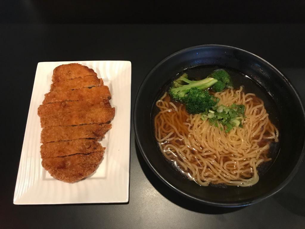 Paiko Ramen · Soy sauce based chicken broth, topped with deep-fried pork cutlet, steamed broccoli, and green onions.