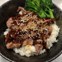 New York Steak Don  · Bowl of rice, topped with New York steak drizzled with house teriyaki sauce and steamed broc...