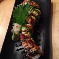Dragon Maki · Shrimp tempura, cucumber and cream cheese topped with avocado and freshwater eel.