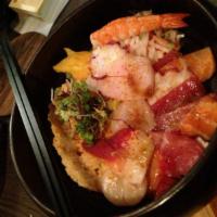 Chirashi Don · Assorted fish, shrimp, octopus and tamago over rice.