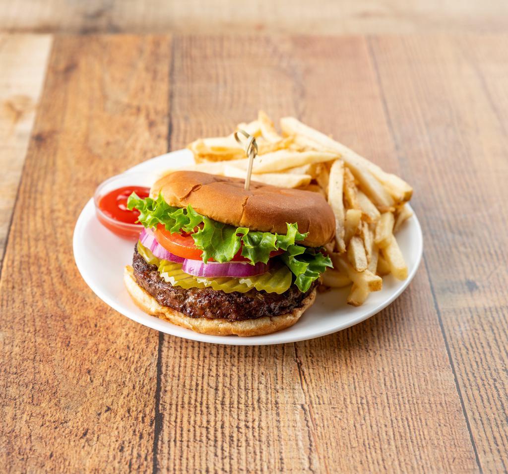 Usual Burger · Onions, pickles, lettuce and tomatoes. Add cheese or chili and cheese for an additional charge.