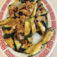T13. Zucchini and Mushroom Chicken · With hot black bean garlic sauce. Hot and spicy.