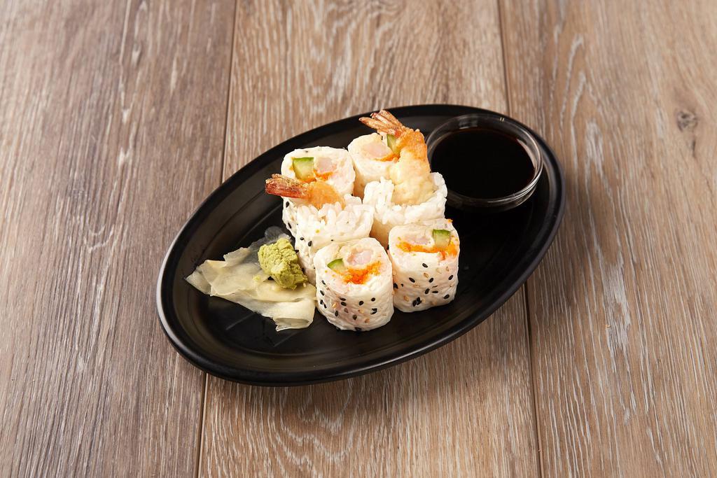 Shrimp Temp Roll · Tempura shrimp, cucumber and masago.
