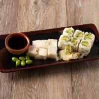 Soy Soy Soy Roll · Avocado and scallion rolled with soy paper topped with crispy tofu and edamame.