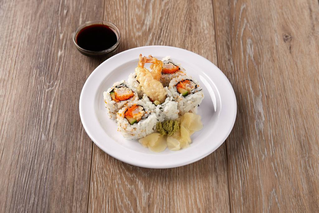 Pink Panthar Roll · Shrimp tempura, cucumber, masago and cream cheese rolled in soy paper.