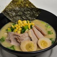 Miso Ramen · Homemade miso flavored ramen topped with tender sliced pork, egg, nori seaweed, ground pork,...