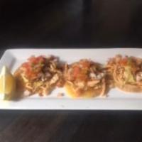 Street Style Taco Trio · Corn tortilla, slaw, mozzarella, chipotle aioli, and choice of 1 meat.