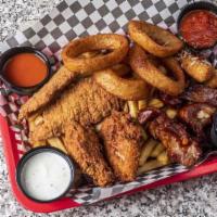 New Recipe Mels Sampler · Chicken strips, onion rings, mozzarella sticks, and chicken wings on a bed of melfries with ...
