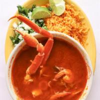 Caldo 7 Mares · Crab legs, shrimp, fish, mussels, scallops, octopus served with rice and corn tortillas.