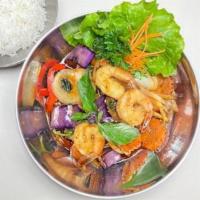 18. Spicy Eggplant · Stir-fried with eggplant, bamboo shoot, onions, carrots, bell peppers, and basil leaves.