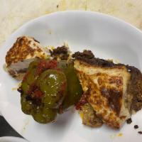 elliniki piatela-greek combo · combination of pasticio mousaca and yemista {stufed pepper}