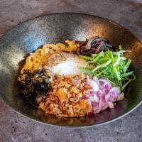 OG Donburi Bowl · Ground pork, poached egg, green onion, shredded seaweed, crispy shallots, fish powder, garli...