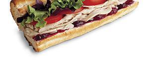 Turkey Sandwich · Hand sliced all-natural oven roasted turkey, provolone, cranberry sauce, mixed greens, roma ...
