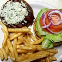 Bleu Cheese Bacon Burger · Beef patty topped with bacon and melted bleu cheese.