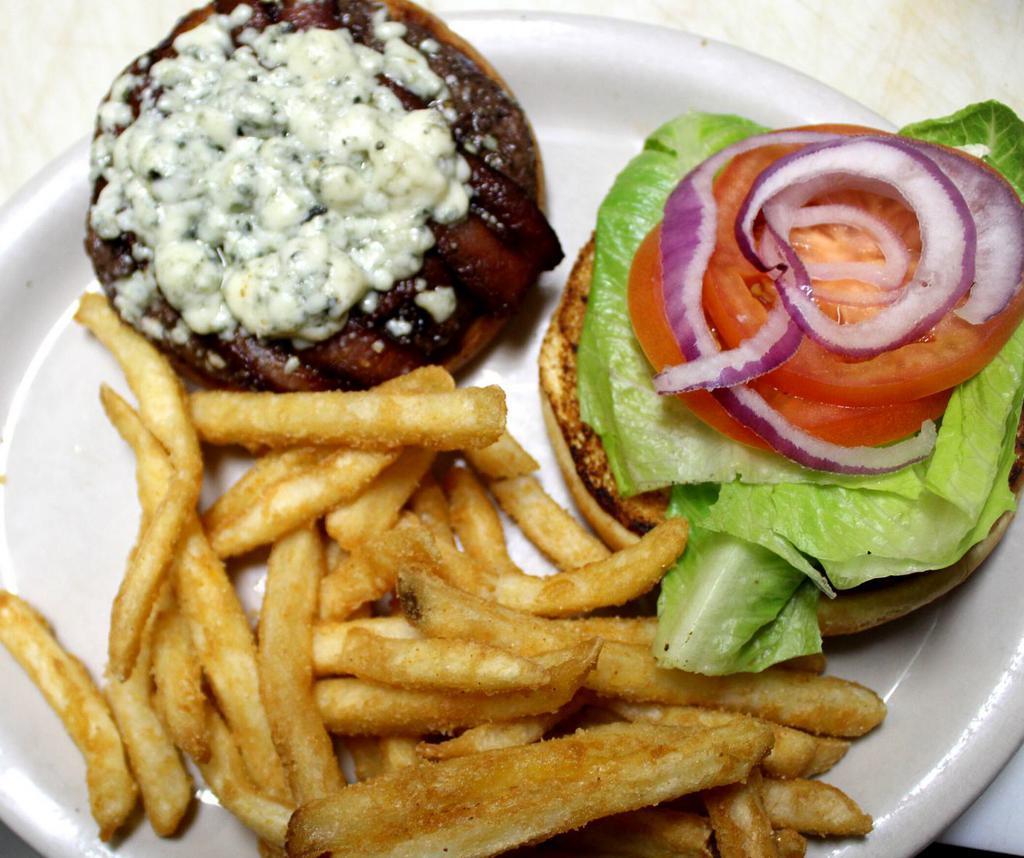 Bleu Cheese Bacon Burger · Beef patty topped with bacon and melted bleu cheese.