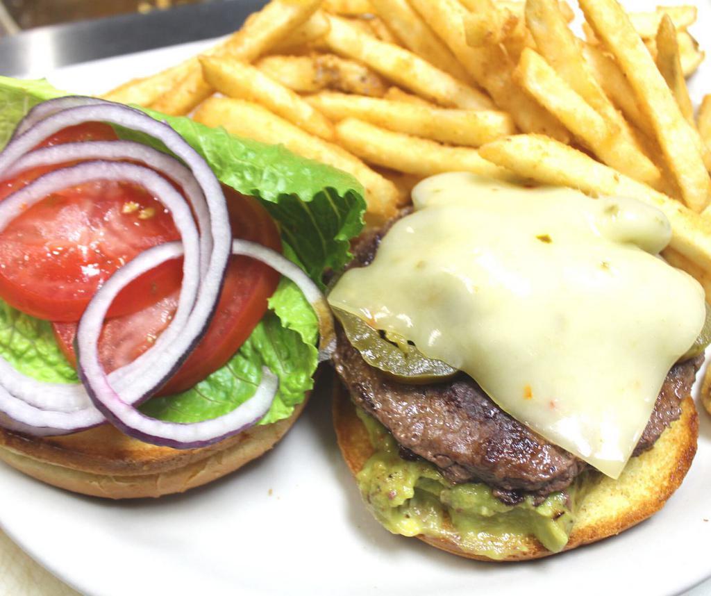 The Santa Fe · Beef patty topped with jalapeños, guacamole and pepper jack cheese.