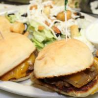 3 All American Sliders · Burger sliders with grilled onions, American cheese and thousand island.