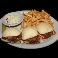 3 Pulled Pork Sliders · Our own house smoked and slow roasted pork tossed in BBQ sauce with a side of coleslaw.