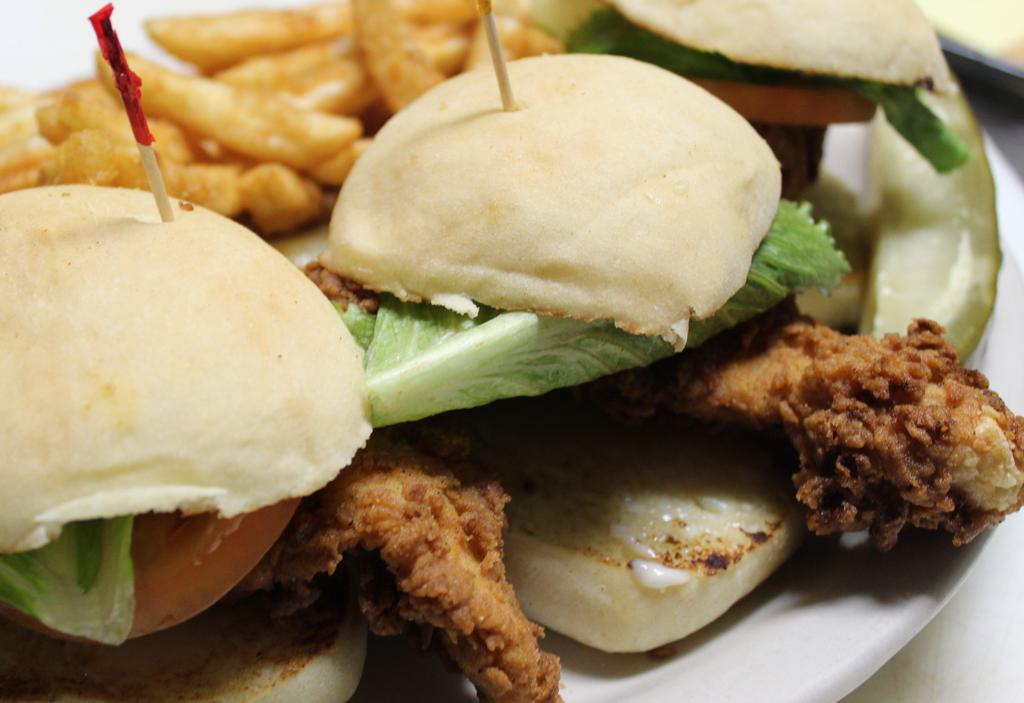 3 Crispy Chicken Sliders · Chicken tenders dipped in buttermilk and our signature breading, served on our fresh slider buns with lettuce, tomato and mayo.