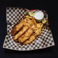 Beer Battered Fish and Chips · 4 pieces of hand dipped, lightly beer battered Alaskan cod or halibut served with fries and ...