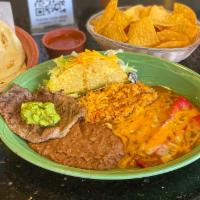 Big Dave’s Enchilada Special · 2 Cheese enchiladas, 1 soft or crispy taco with beef or chicken and a strip of carne asada, ...