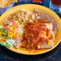 Enchiladas Entomatadas · Great for vegans and vegetarians! 3 enchiladas filled with Monterey Jack cheese, topped with...