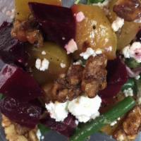 Beets Salad · Roasted red and golden beets, haricot vert, red onions, goat cheese, candied walnuts, sliced...