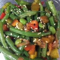 Green Bean Salad · French beans, sesame seeds, ginger, julienne tri color pepper, edamame and sweet soy.