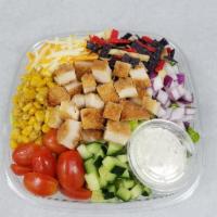 Chicken Fiesta Salad · Crispy chicken, romaine, Jack and cheddar cheese, fresh corn, tomatoes, red onions and torti...