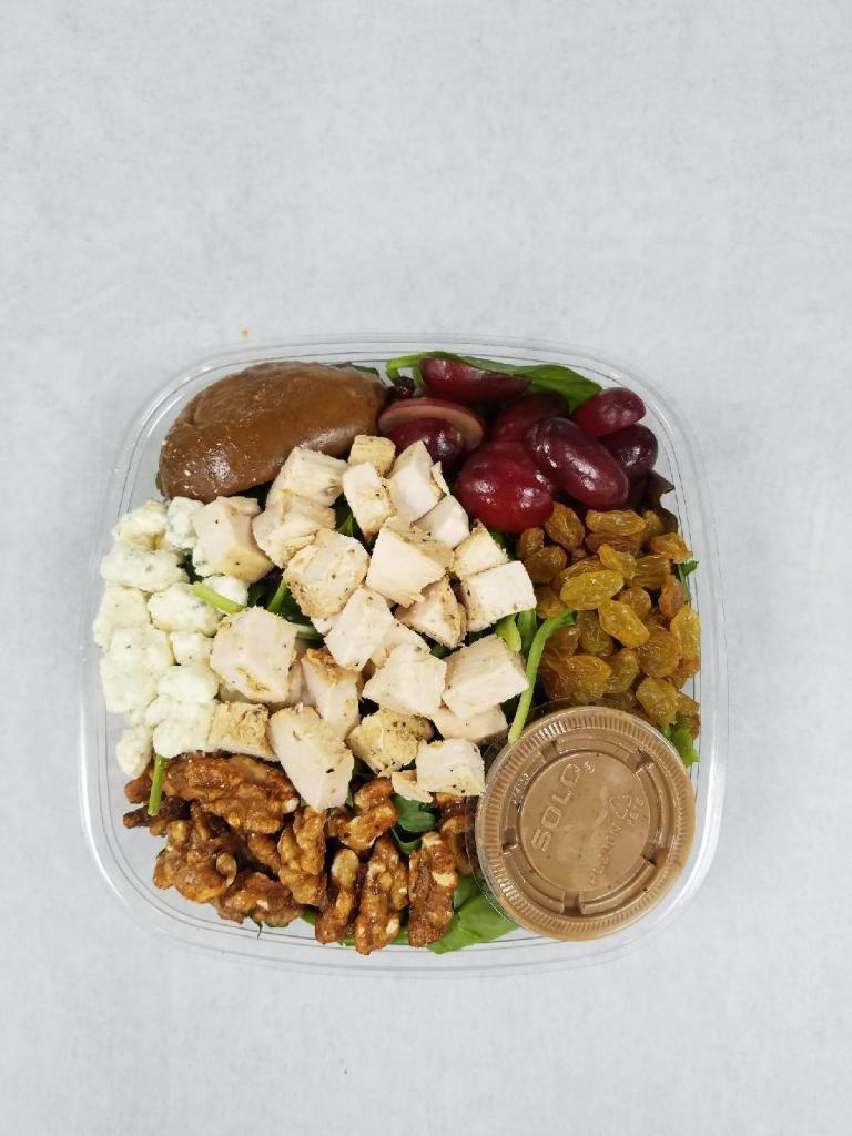 Bistro Chicken Salad · Field greens, seedless grapes, craisins, blue cheese, candied walnuts and caramelized pears with low fat balsamic vinaigrette.
